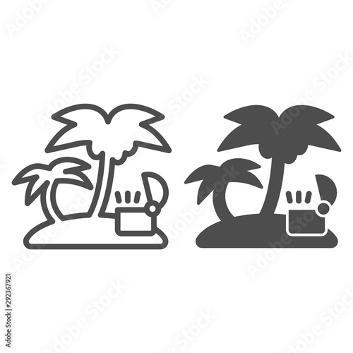Open treasure chest on island line and glyph icon. Tropical island with palm vector illustration isolated on white. Island with ancient chest outline style design, designed for web and app. Eps 10.