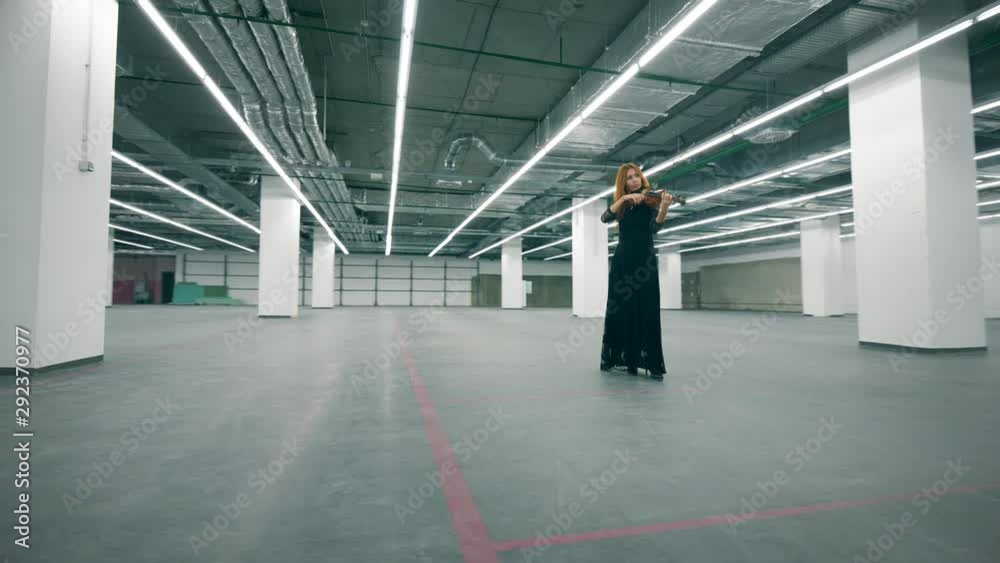 Female musician is playing the violin in an empty hall Female musician is playing the violin in an empty hall