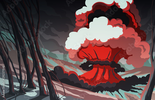 Nuclear explosion in the mountain landscape. Blast wave. Huge volumes of smoke and sparks of fire. Colorful scenery background. Vector illustration