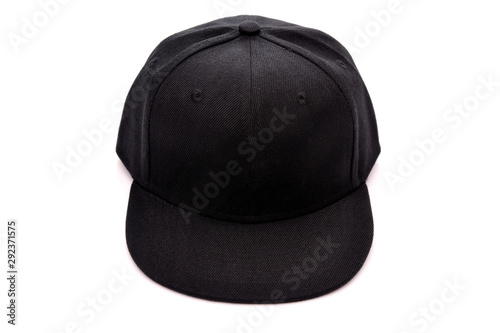 Mock up blank flat snap back hat black front view on white background