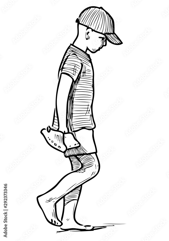 Fototapeta premium Sketch of little boy barefoot walking on beach
