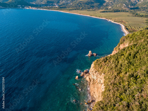 Aerial view of Buljarica beach. It is one of the largest beaches at the coast of Montenegro, close to Petrovac in direction of Bar. Budva municipality.