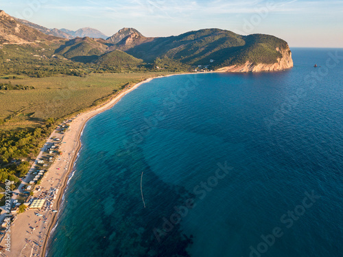 Aerial view of Buljarica beach. It is one of the largest beaches at the coast of Montenegro, close to Petrovac in direction of Bar. Budva municipality photo