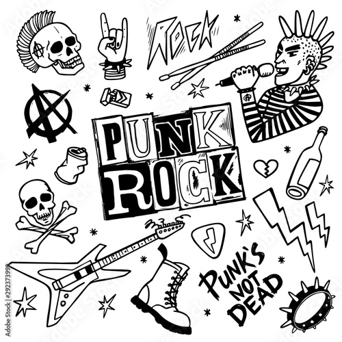 Punk rock set. Punks not dead words and design elements. vector illustration.