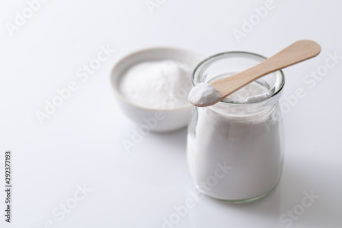 Jar with artificial sweetener aspartame E951 is harmful to health. photo