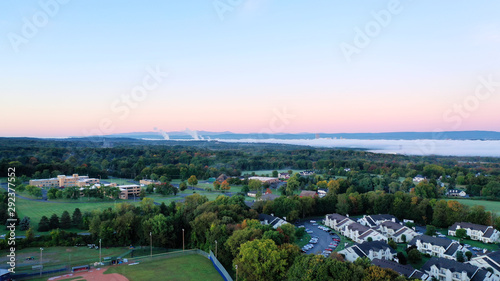 fog filled hudson valley with Albany NY in the distance