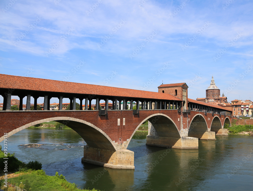 Ticino River and the old Covered Bridge in Pavia Town