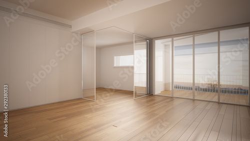 Empty room interior design  open space with white walls and parquet wooden floor  modern contemporary architecture  panoramic window  morning light  mock-up with copy space