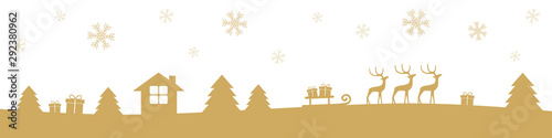 gold christmas winter border with reindeers gifts and firs vector illustration EPS10