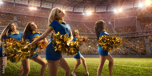 Group of cheerleaders in action on the professional stadium. The stadium and crowd are made in 3d