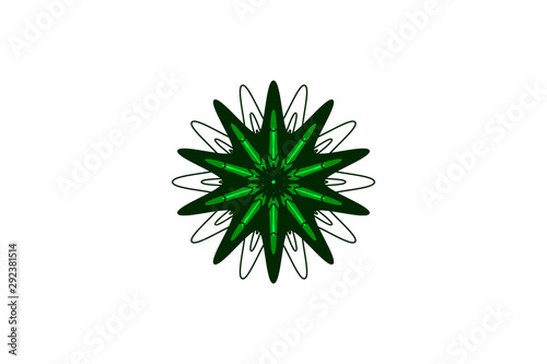 Green star, emerald, gem stone, virus icon. Bright rounded acute symmetrical flower stained glass
