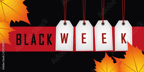 black week promotion hanging label on red background with autumn leaves vector illustration EPS10