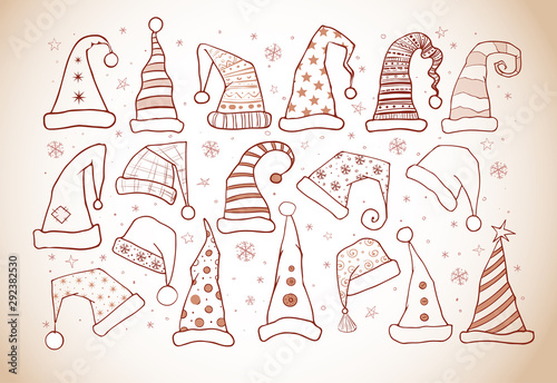 Set of doodle christmas hats in vintage style