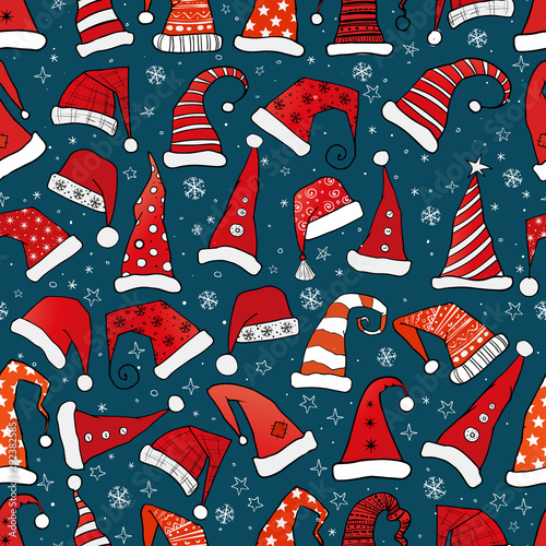 Seamless pattern with red Christmas Santa hats on dark blue background. Vector illustration.