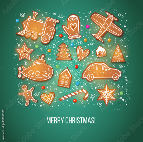 Christmas card with gingerbread cookies in shape of toys: plane,