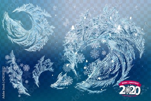 Fototapeta Naklejka Na Ścianę i Meble -  Vector Patterns Made by the Frost. Blue Winter Background for Christmas Designs. 2020 Label for Holiday Greeting Cards, Party Banners and Posters. Icy Abstract Background.
