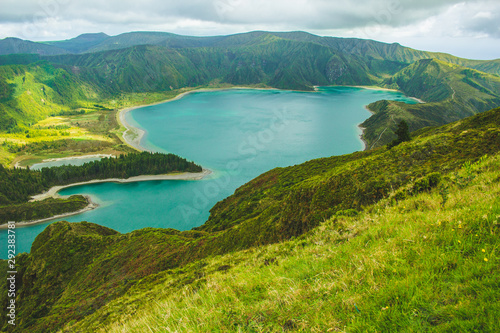 beautiful view of Lagoa do Fogo lake on the island of Sao Miguel  Azores  Portugal