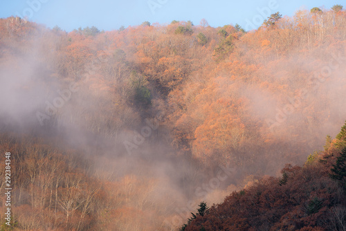Mountain with low lying cloud and mist in a scenic landscape view. Early in the morning in autumn Japan. © Kazuhiro Hayashi