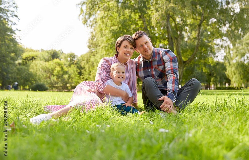 family, leisure and people concept - happy mother, father and little son at summer park sitting on grass family, leisure and people concept - happy mother, father and little son at summer park sitting on grass