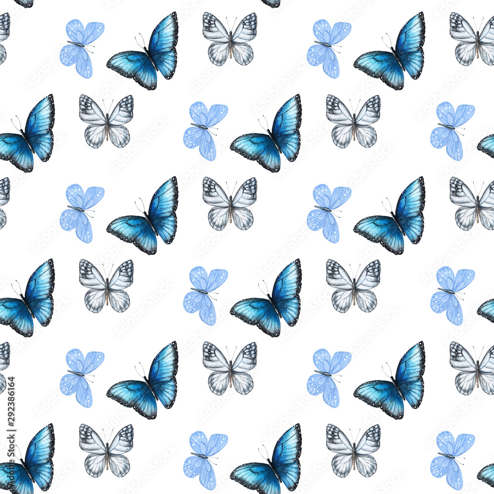 Set of blue and gray butterflies. Seamless watercolor pattern on a white background.