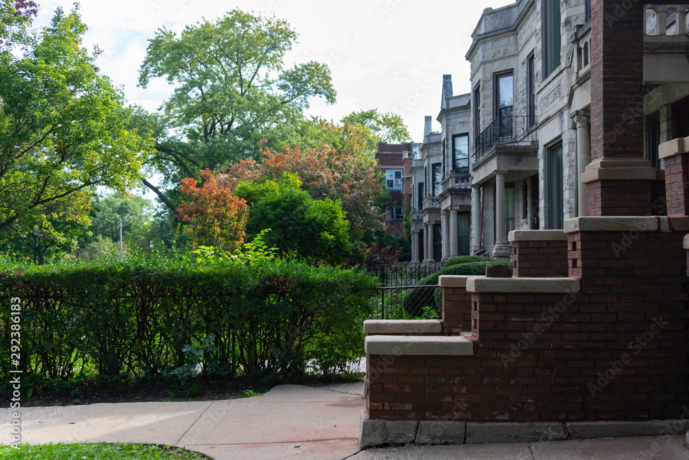 Brick Stairs in front of a Row of Old Homes in Logan Square Chicago Brick Stairs in front of a Row of Old Homes in Logan Square Chicago