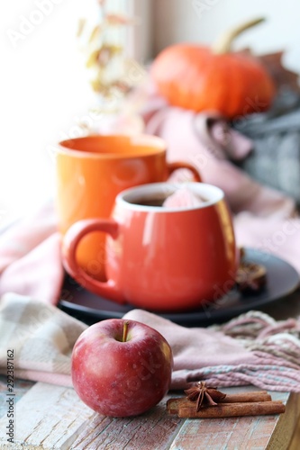 Two cups of coffee, meringues, pumpkins, apples, leaves, plaid on the background of the window, home comfort concept, Thanksgiving, autumn season