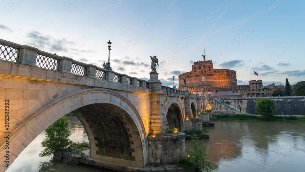 Rome Vatican Italy time lapse 4K, city skyline day to night timelapse at Castel Sant'Angelo