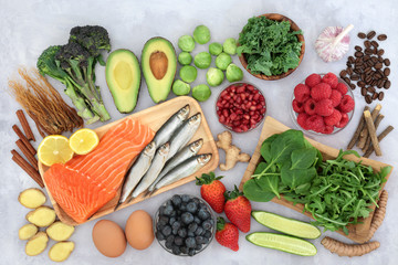Asthma, COPD and respiratory relieving health food with herbs and spices used in herbal medicine. High in antioxidants, anthocayanins, protein, omega 3, minerals and vitamins.  Flat lay.