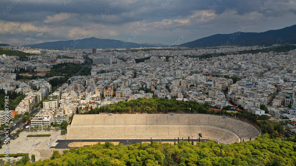 Aerial drone video of iconic ancient Panathenaic stadium or Kalimarmaro, Athens historic centre, Attica, Greece
