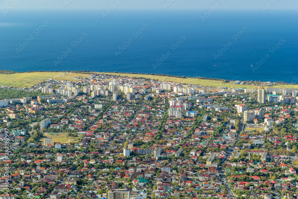Scenic aerial view of Gelendzhik resort city district and Black sea coastline. Sunny day.