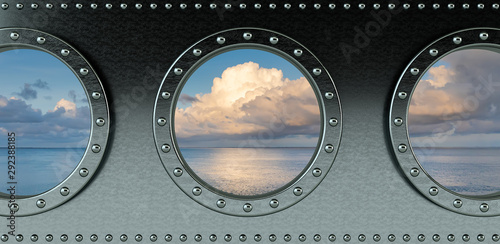 ship portholes - looking onto the ocean - 3d rendering photo