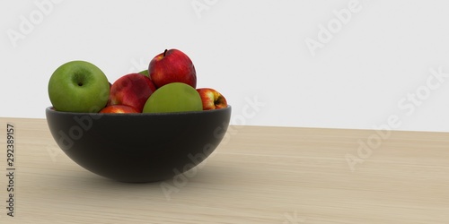 Extremely detailed and realistic high resolution 3d illustration of a fruit basket full of green and red apples