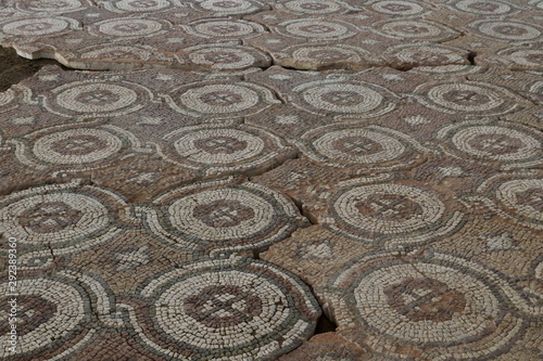 Roman mosaic located in archaeological site in The Bishop's Basilica of Philippopolis, the city of Plovdiv, Bulgaria. Roman mosaic in the oldest city in Europe photo