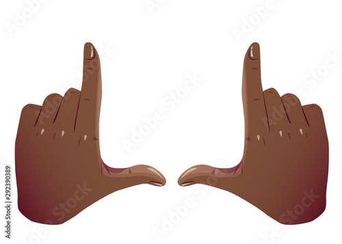 Black Hands Frame Cropping Gesture. Flat Framing hands horizontal cropping. African American Hands taking focus frame shooting like camera. Isolated on white background.