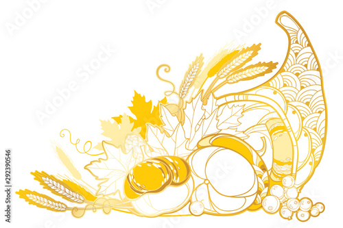 Outline golden Cornucopia or Horn of plenty full of pumpkin, berry, wheat and maple leaf isolated on white background.