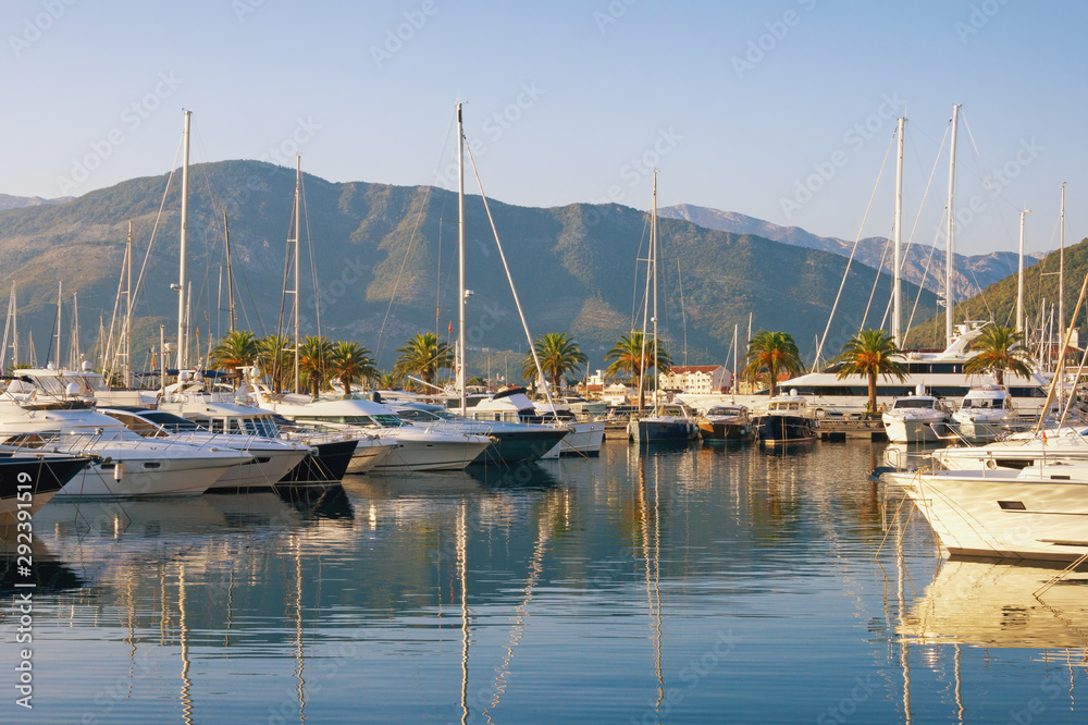 Yacht marina of Porto Montenegro on sunny autumn day.  Montenegro, Adriatic Sea, Bay of Kotor, Tivat city