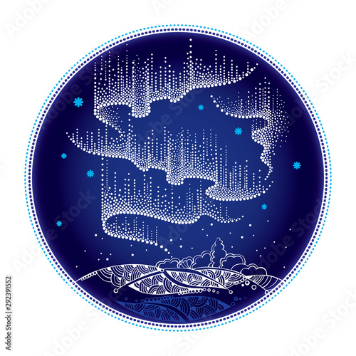 Round composition with Aurora borealis lights in dotwork style on the night background for arctic space or galaxy design. 