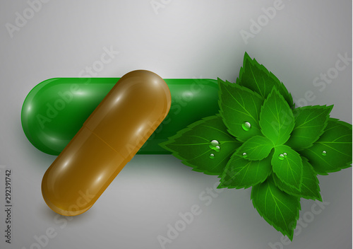 Background with bright pills, capsules, natural leaves of a medicinal plant. Vitamin pills for health. Poster banner for the site. Pharmacy, natural medicines.