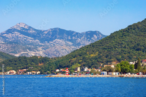 Beautiful summer Mediterranean landscape. Montenegro. View of Bay of Kotor and Seljanovo village near Tivat city