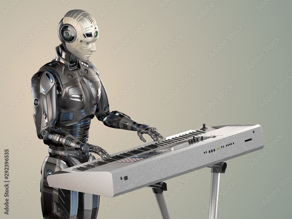 Futuristic robot man or detailed android cyborg playing music and composing  a song with electric piano. Isolated on color background. 3d render Stock  Illustration | Adobe Stock