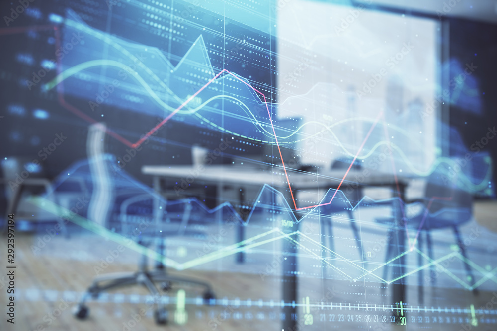 Business theme graph hologram with minimalistic cabinet interior background. Double exposure. Stock market concept. Business theme graph hologram with minimalistic cabinet interior background. Double exposure. Stock market concept.