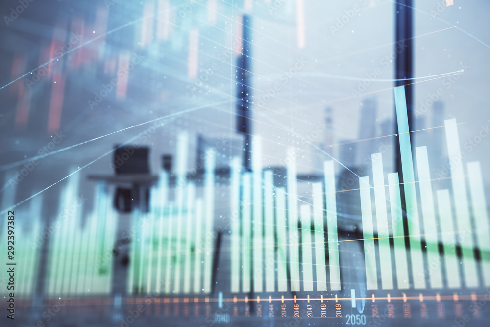 Business theme graph hologram with minimalistic cabinet interior background. Double exposure. Stock market concept. Business theme graph hologram with minimalistic cabinet interior background. Double exposure. Stock market concept.