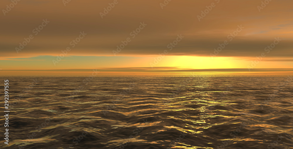 Yellow empty wavy sea under a cloudy sky. 3d illustration.