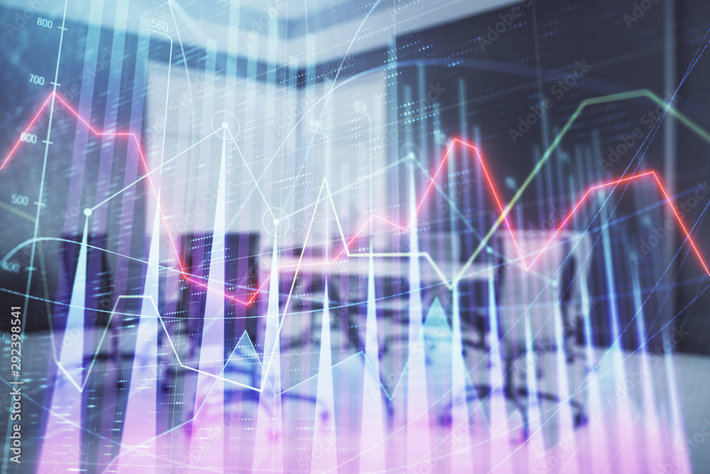 Multi exposure of stock market graph on conference room background. Concept of financial analysis Multi exposure of stock market graph on conference room background. Concept of financial analysis