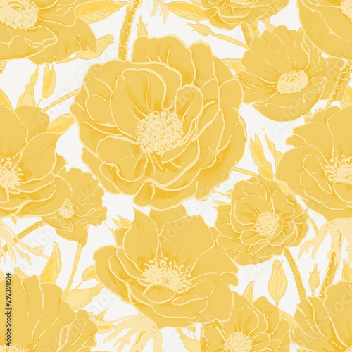 Seamless yellow floral pattern with anemone and popy big flowers