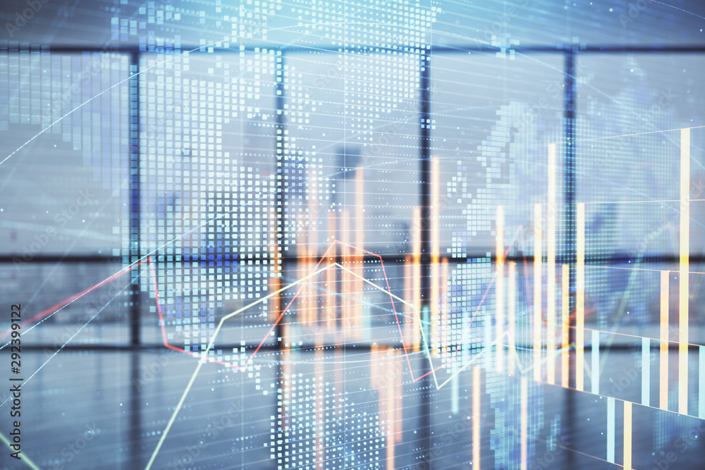 Double exposure of financial chart with world map on empty room interior background. International market concept. Double exposure of financial chart with world map on empty room interior background. International market concept.