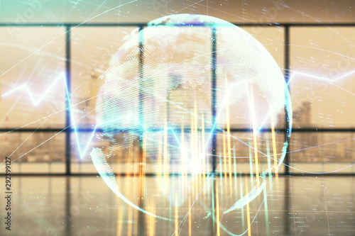 Double exposure of financial chart with world map on empty room interior background. International market concept.