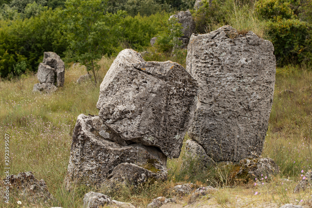 Planted stones, also known as The Stone Desert. Landforms of Varna Province. Rock formations of Bulgaria. Stone forest.