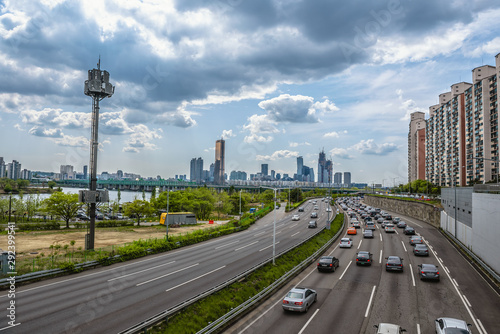 Traffic along the Hanang River in Seoul South Korea