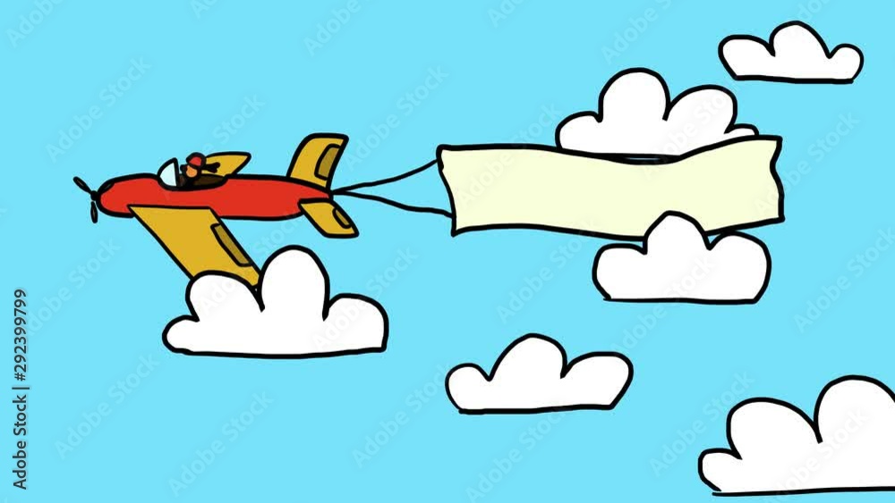 Colorful plane with banner flying in sky through clouds. Loopable childish cartoon doodle sketch style animation in 4K. Colorful plane with banner flying in sky through clouds. Loopable childish cartoon doodle sketch style animation in 4K.